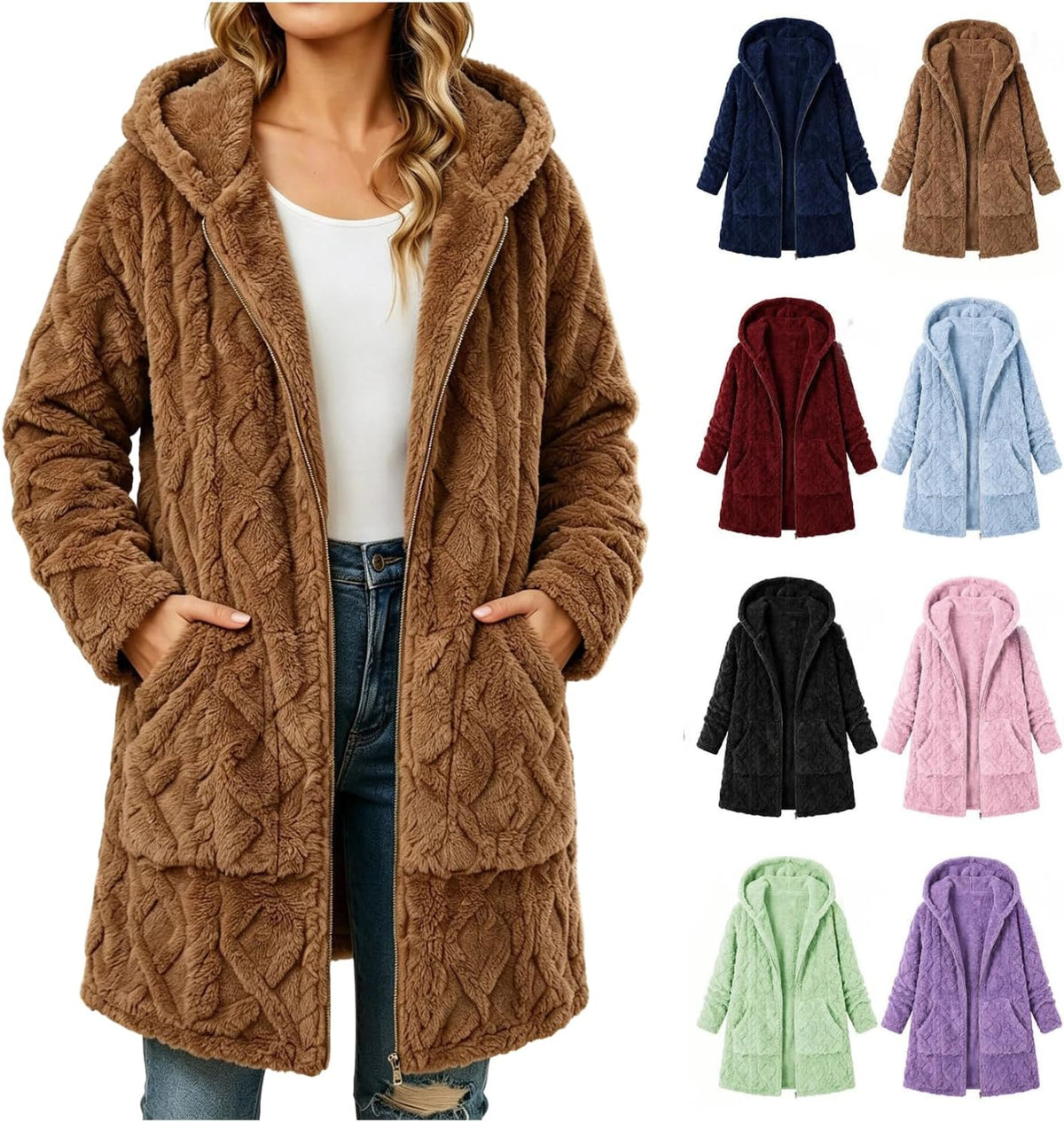 Womens Sherpa Fleece Jacket Oversized Warm Textured Hoodie Coats