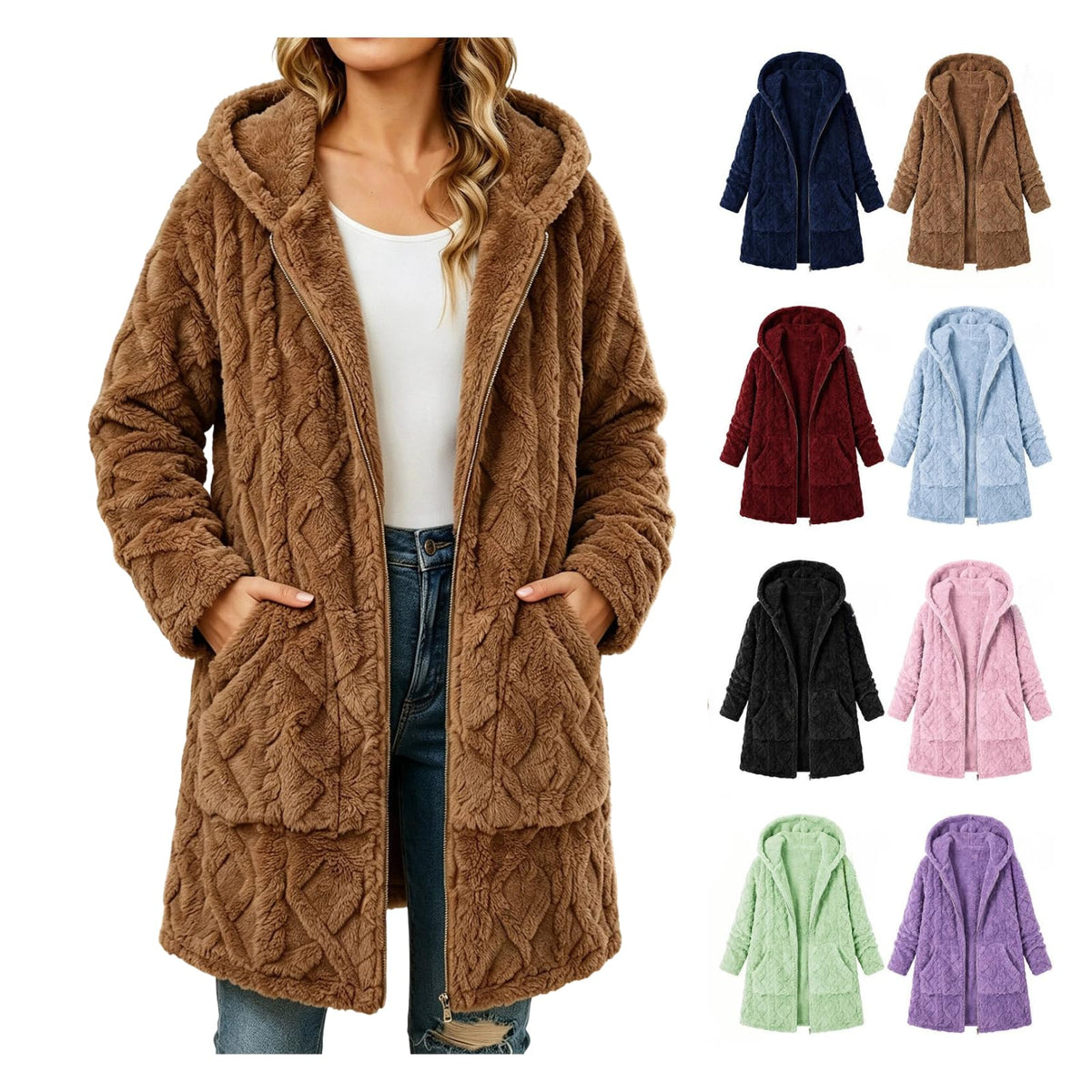 Womens Sherpa Fleece Jacket Oversized Warm Textured Hoodie Coats
