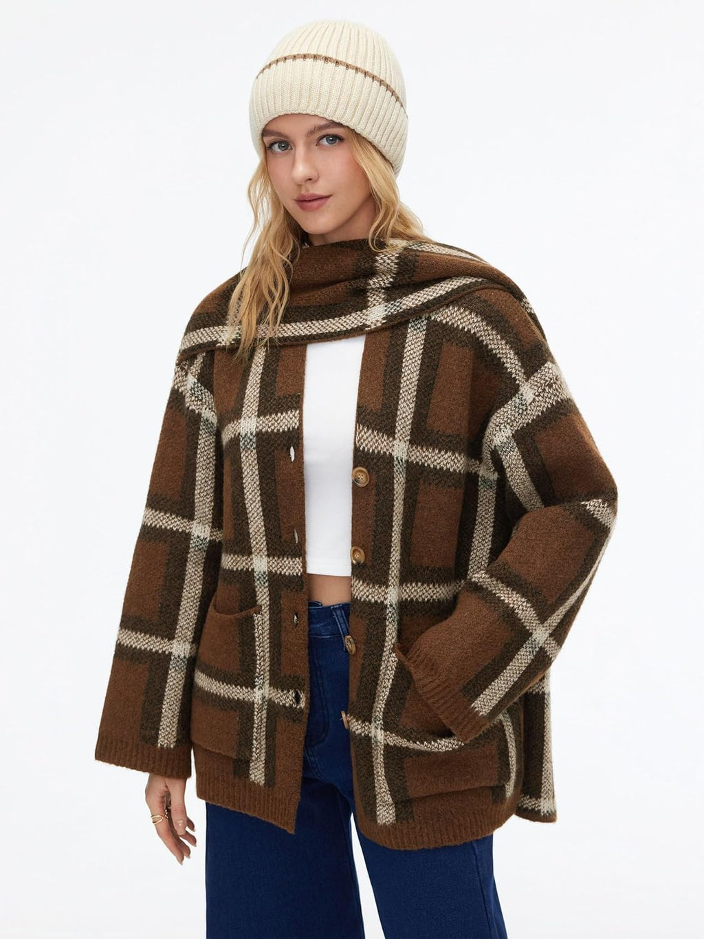 Oversized Plaid Cardigan Sweaters Knit Jacket with Matching Scarf