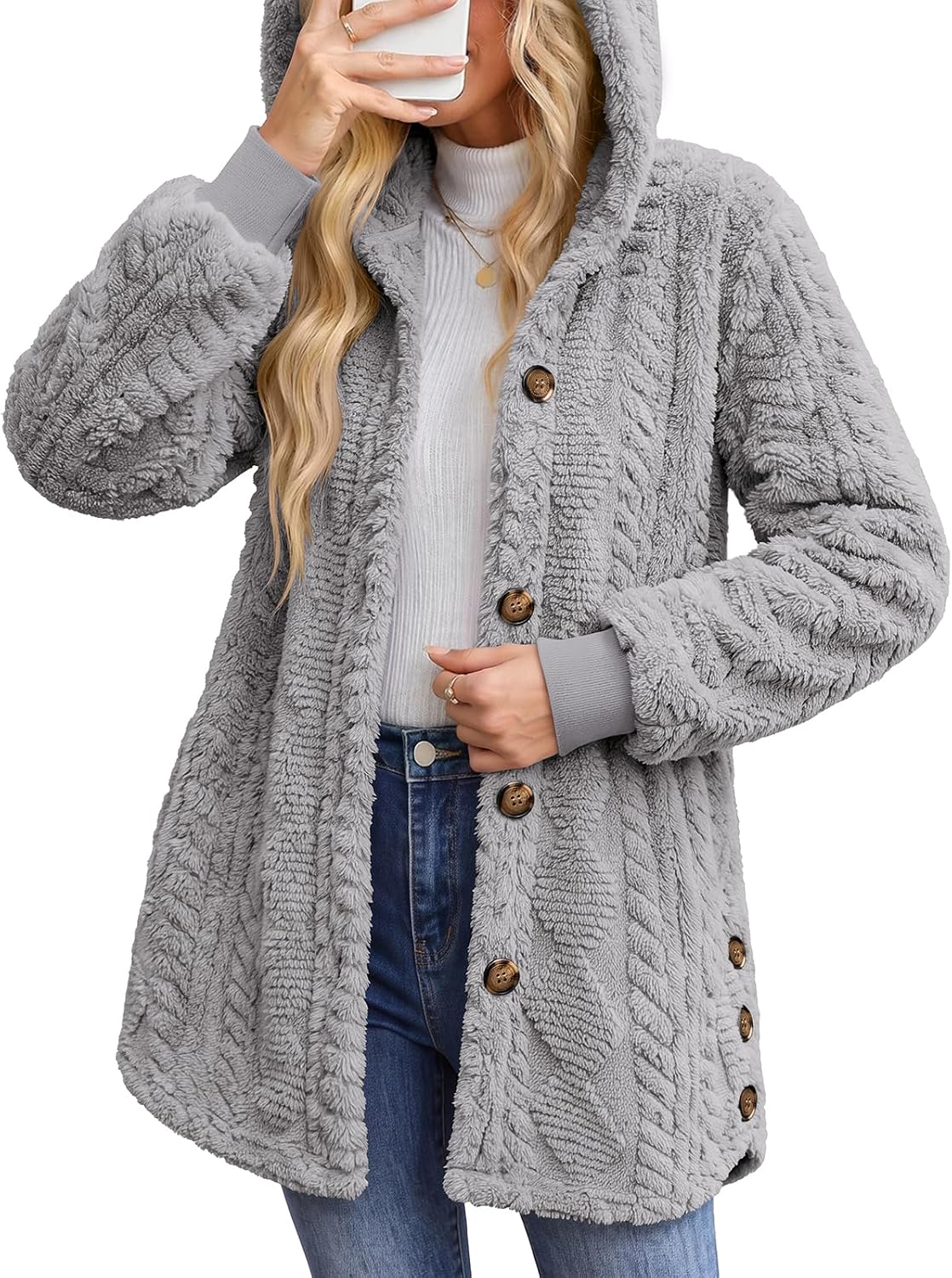Women's Winter Sherpa Fleece Jacket Hooded Button Down Warm Coat