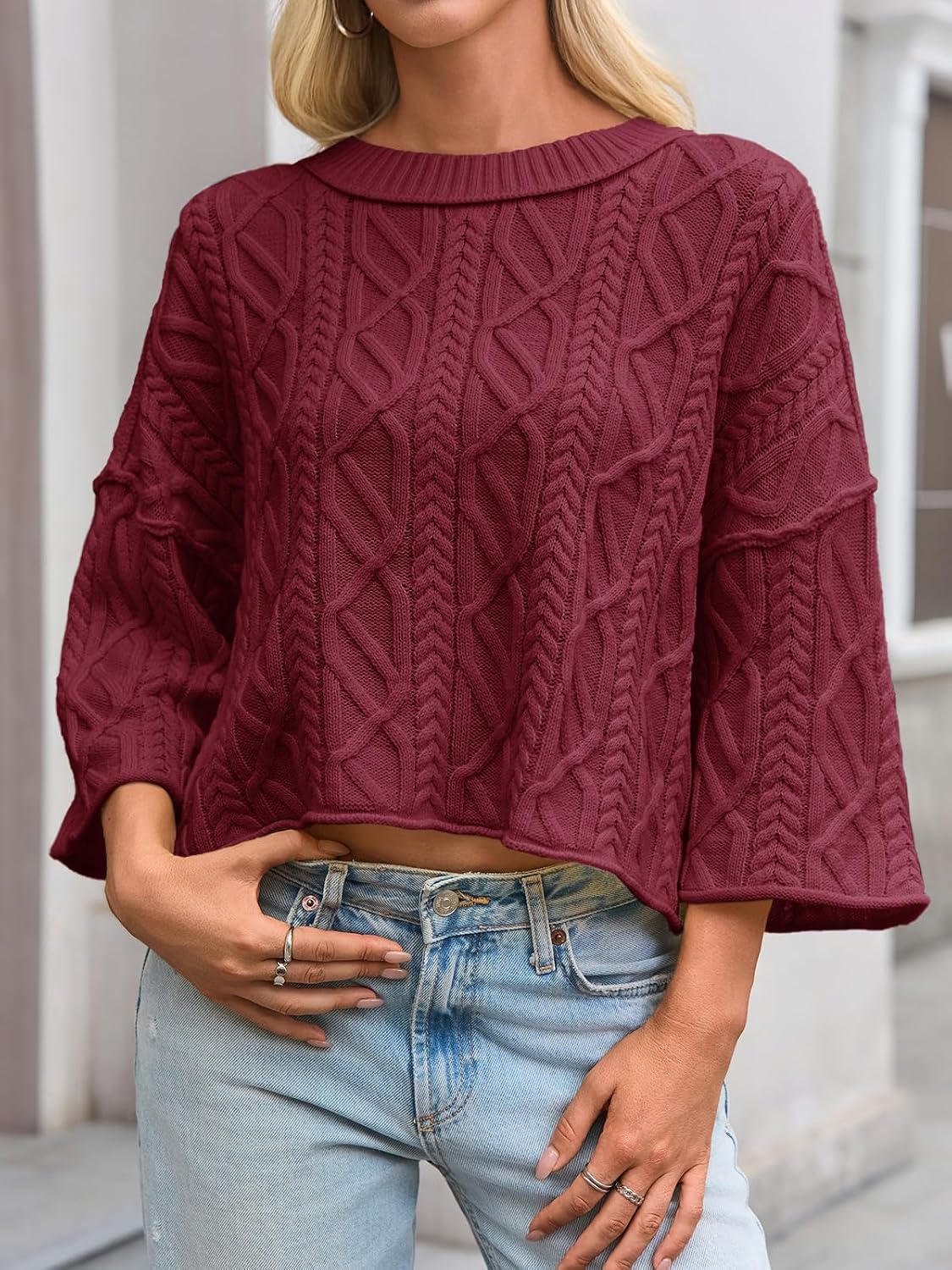 Womens Cable Knit Cropped Sweaters Oversize 3/4 Sleeve Pullover